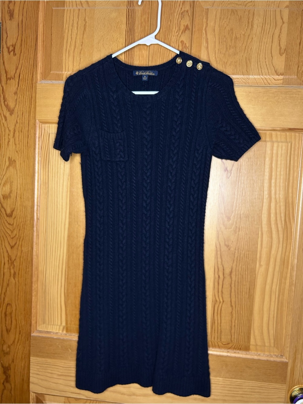 Brooks Brothers Navy Cable-Knit Short Sleeve Sweater Dress with Gold Buttons